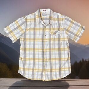 Gramicci Shirt Men’s L Yellow Gray Plaid Live Free Short Sleeve Button Up